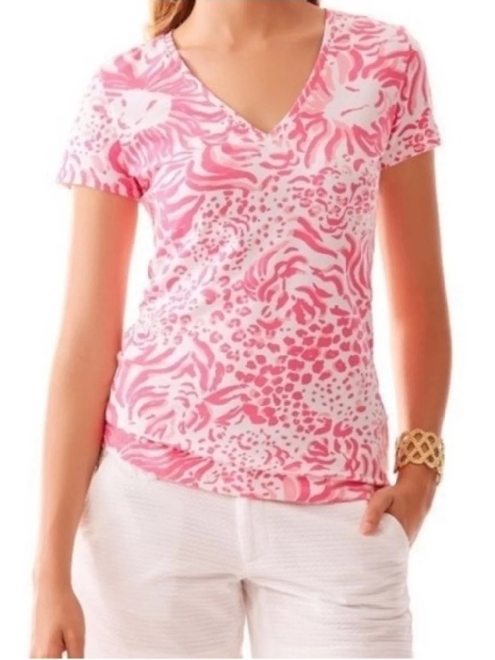 This Lilly Pulitzer pink and white "Get Spotted" lion print Michele v-neck top